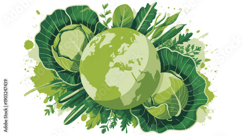 A digital illustration of a globe surrounded by fresh green vegetables and foliage (2)_traced