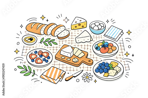 Spring picnic-style table flatlay. A flat view of fresh bread, cheeses, cut fruits, and greenery scattered on a woven mat with napkins,