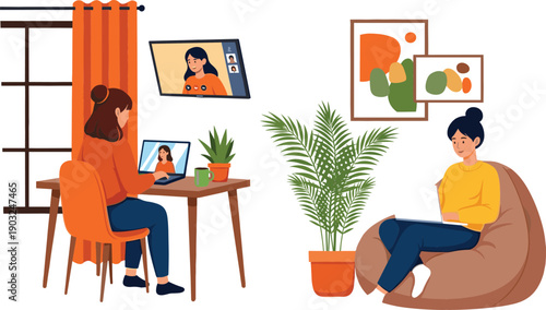 Women working from home on laptops with video conference screens in cozy modern interior with plants and art