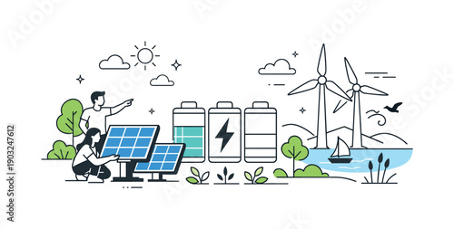 Renewable energy ecosystem. Solar panels, wind turbines, batteries, and nature elements arranged in a balanced composition, showing harmony