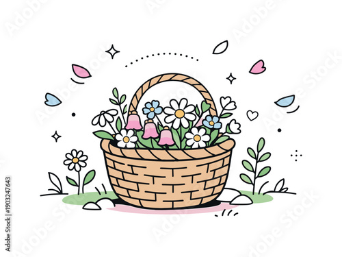 Wildflower foraging. A basket filled with assorted wildflowers sits in a sunny meadow, petals floating gently around. Peaceful ending moment