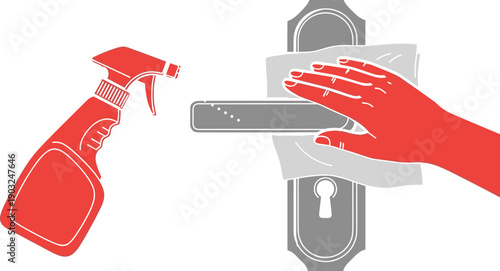 Cleaning door handle with disinfectant spray hygiene safety concept hand wiping surface flat vector illustration