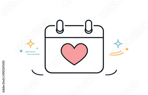 Elegant anniversary date icons. Simple calendar icon with heart mark, paired with minimal decorative lines. Remembering special moments and