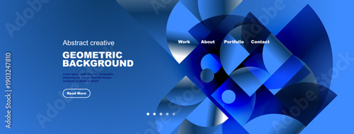 Blue abstract design features geometric shapes, text elements, navigation menu. Modern style suitable for website header or banner.