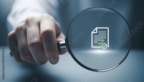 Hand holding magnifying glass over approved document with checkmark, close-up