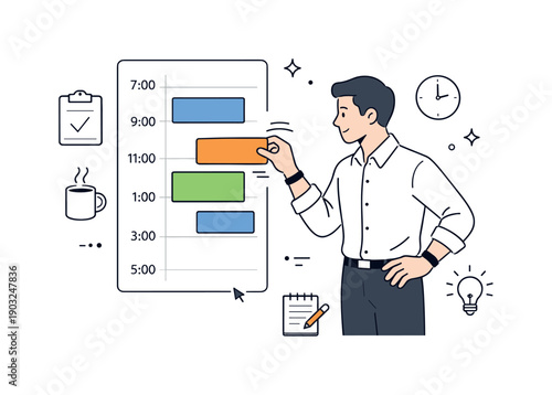Time-blocking daily schedules. Focused professional adjusting a daily timeline, moving blocks to optimize the schedule. The illustration