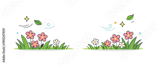 Spring copy space background minimal nature inspired layout with grass, blossoms and subtle motion accents around open area, conveying