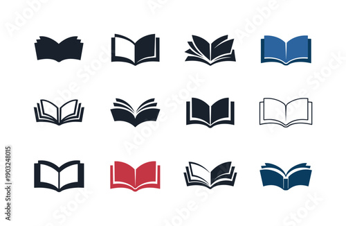 Hardcover book. Icon set. Set Logo of hardcover book: open hardcover book. harmonious logo variations of the same emblematic concept, each