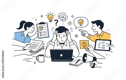 Cognitive overload at work. A team member at a desk while colleagues pass documents and ideas at the same time, creating a sense of overload.