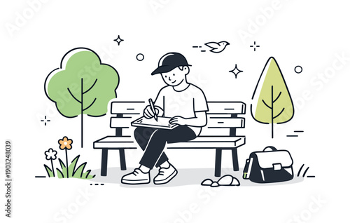 Outdoor Artistic Inspiration. Creative sketching outdoors. An artist sits on a bench in a park, sketchbook on their lap, calmly drawing while surrounded by