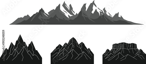 Mountain range silhouette set minimalist alpine landscape black peaks isolated vector illustration collection design elements