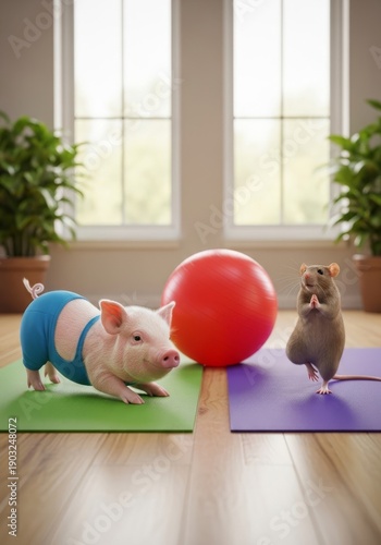 A pigs and rats practices a healthy lifestyle by doing yoga and pilates stretching exercises on a fitness ball during an active workout at the gym