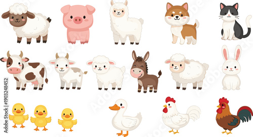 Cute farm animal collection with sheep pig cow goat dog cat rabbit ducks geese chickens and rooster cartoon vector illustration set