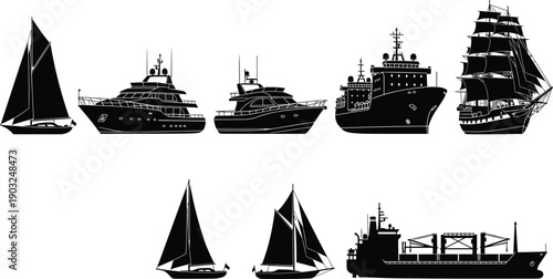 Ship and boat silhouettes set maritime transport vessels collection black vector illustration isolated on white background