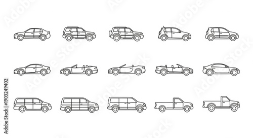 Collection of Hand Drawn Car Silhouettes and Outlines.