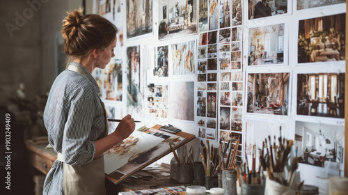 Artist selects images from a mood board for creative inspiration