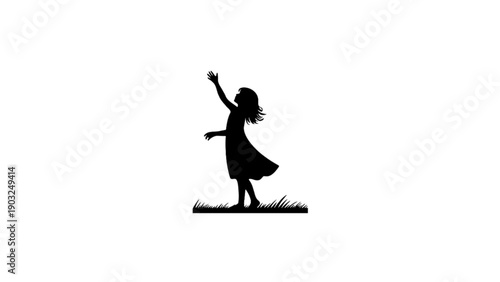 A silhouette of a young girl standing on a grassy field, reaching her hand upward toward the sky in a gesture of hope or dreaming.