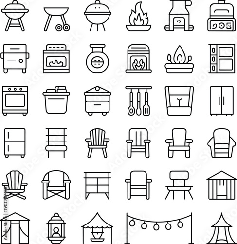 Outdoor patio icons, grill silhouette, fire pit, fireplace, oven, kitche