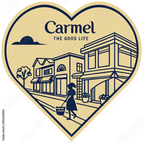 Heart Shaped Cityscape Illustration of Carmel with Woman Shopping and Modern Buildings