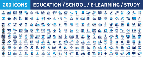 Huge set of 200 solid icons. Mega collection concept of education, school, e-learning, study, teaching. Vector illustration.