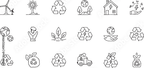 Eco friendly icons for sustainable living and environmental conservation isolated on transparent background