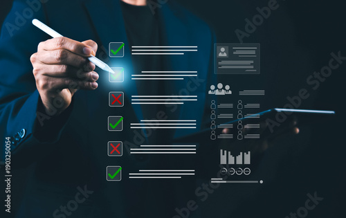 Businessman completing digital checklist with check marks represents audit process, evaluation, quality control, compliance management, workflow assessment, and business performance review concept.