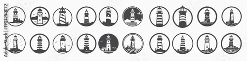 lighthouse silhouette icons set logo black beacon light
