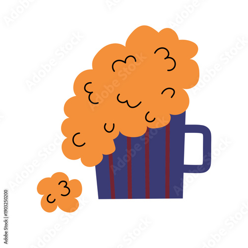 Mug of beer with foam in cartoon style. Vector illustration on  isolated background. Party, food, drink, bar. Hand-drawn doodle with  alcoholic drink. Design element for logo, wrapping, label, card