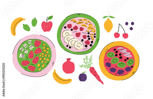 Smoothie bowls with fruits and berries. Vector illustration of healthy fruit salads in cartoon style. Food, breakfast, superfood, detox. Hand drawn doodle with fruity snack with yogurt 