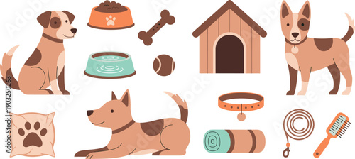 Cute Dog and Pet Care Vector Set with Puppy Accessories Food Toys and House Illustration
