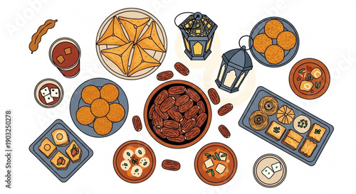 Traditional middle eastern food and snacks arranged on a table with lanterns dates and pastries for iftar or breakfast