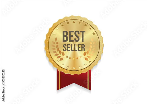Best seller sticker golden label, gold badge with Golden laurel wreath Decoration isolated on white background, Premium Quality 