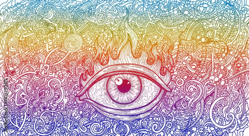 Detailed Psychedelic All-Seeing Eye with Flame Aura Amidst Colorful Abstract Swirls