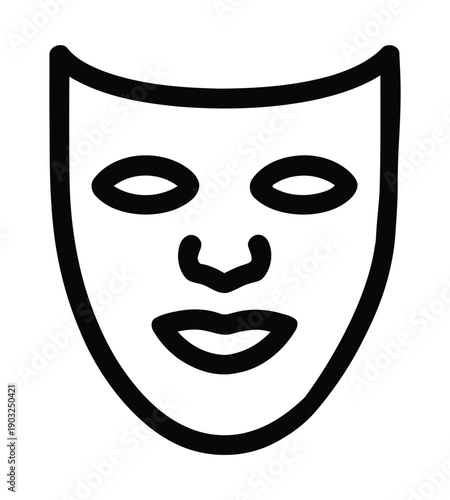 A simple black outline icon depicting a stylized theatrical mask or a generic human face, often used to represent drama, anonymity, or identity.