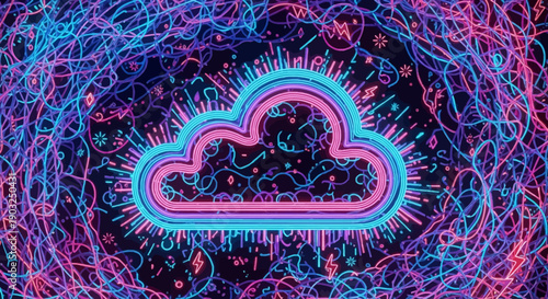 Vibrant Neon Cloud Computing Data Network Abstract Digital Technology glowing illustration