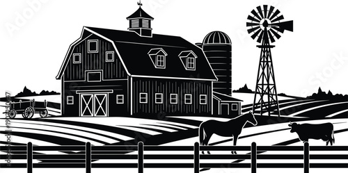 Rural farm landscape illustration with barn silo windmill horses cattle fields, classic countryside agriculture scene, black and white vector art