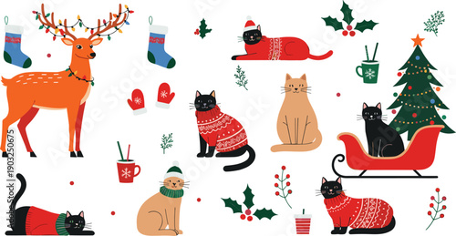 Cute Christmas animal collection with cats reindeer tree sleigh mittens and festive decorations isolated on white background holiday cartoon vector illustration set