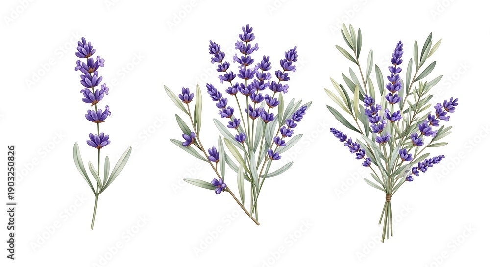 Obraz premium A beautiful collection of watercolor lavender flower arrangements, including single stems and bouquets, perfect for elegant designs, aromatherapy themes, and nature-inspired projects.