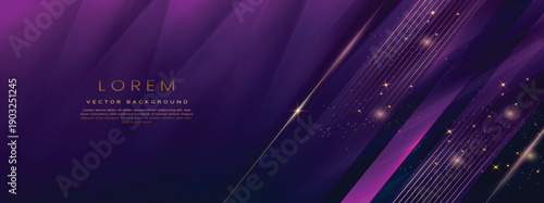 Abstract elegant dark blue and purple background with golden line and lighting effect sparkle.