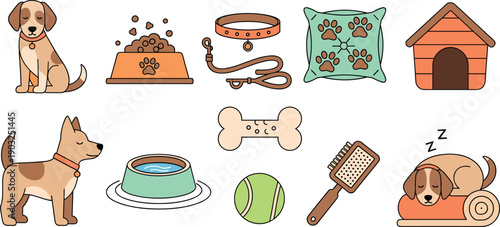 Cute Dog Care and Pet Accessories Illustration Set with Puppy Food Bowl Collar Leash Toys Grooming and House Elements
