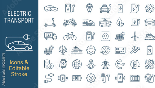 Electric transport icons collection with editable stroke featuring cars, scooters, bicycles, buses, charging stations, batteries, renewable energy sources, sustainability, and eco‑friendly mobility 