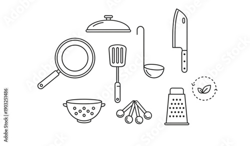 Kitchen Tools and Cooking Utensils Outline Icons Line Style