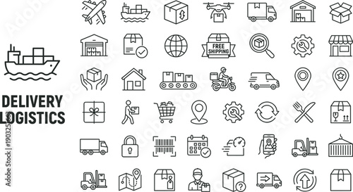 Delivery logistics icons set with editable stroke featuring shipping, packaging, warehouses, tracking, transportation, customer service, and supply chain graphics for modern e‑commerce, business, and