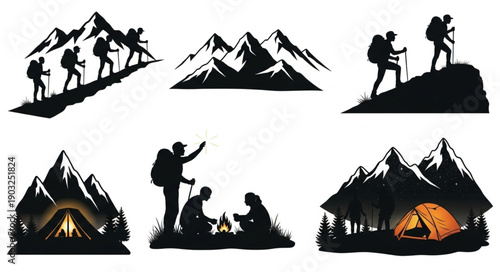 Silhouette of hikers and campers in mountain landscapes.