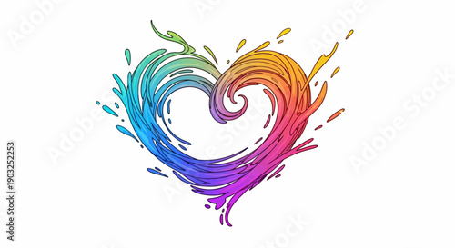 Vibrant splash heart illustration with rainbow colors on white background representing love and joy