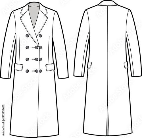 Women long double breasted winter coat technical fashion illustration front and back view line drawing vector