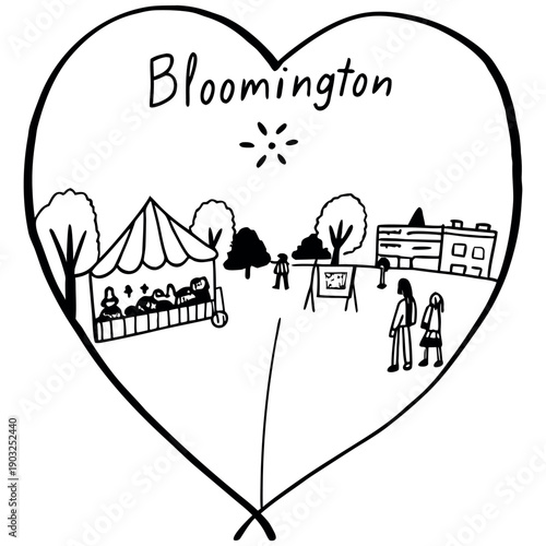 Bloomington Farmers Market Scene Illustration in Heart Frame