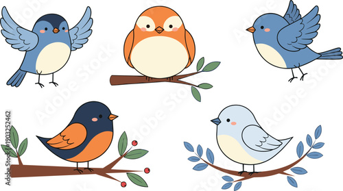 Cute bird characters perched on branches collection isolated on white background colorful cartoon vector illustration set