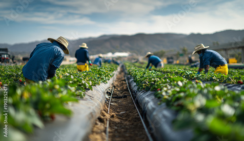 Mexican farmworkers harvesting strawberries in a field with lush green plants and irrigation lines under a partly cloudy sky