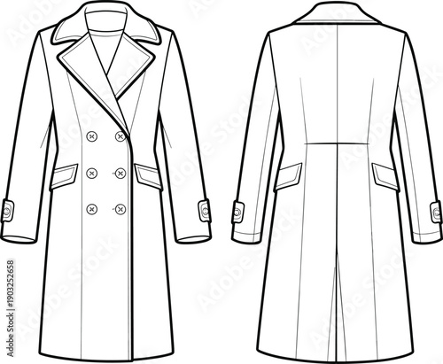 Women's double breasted long coat technical fashion illustration front and back view line drawing vector